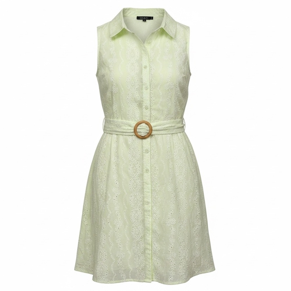 Milk & Honey Luxe Mint Green Eyelet Cotton Shirt Dress Belted Womens Medium NWT